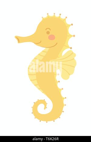 Süß lächelnd gelbe Seepferdchen meer Tier Vector Illustration Cartoon Character Design, auf weißem Hintergrund Stock Vektor