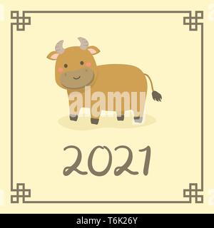 Chinesisches Neujahr 2021 Cute Ochse Büffel Kuh Sternzeichen Charakter Vector Illustration Cartoon Grußkarte Stock Vektor