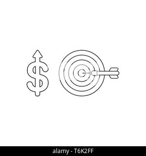 Vektor icon Konzept der Dollar Symbol mit dem Pfeil nach oben bewegen und Bulls Eye mit Dart in der Mitte. Schwarzen umrissen. Stock Vektor