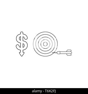 Vektor icon Konzept der Dollar Symbol mit dem Pfeil nach unten verschieben und Bulls Eye mit Dart in der Seite. Schwarzen umrissen. Stock Vektor