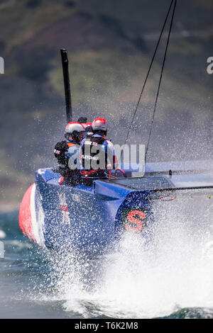 Großbritannien SailGP Team mit Skipper von Dylan Fletcher in Aktion während der Praxis laufen während des SailGP Ereignis 2, Saison 1, San Francisco. Stockfoto