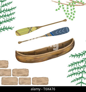 Indische Holz- Kanu Typ des Bootes und Symbol. Aquarell Clipart auf weißem Hintergrund Stockfoto