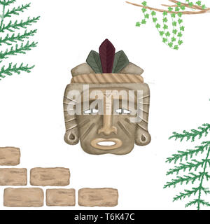 Ethnische tribal Mask. Aquarell Cartoon Illustration. Holz- Maske der Furcht auf weißem Hintergrund. Maya, Azteken Stockfoto