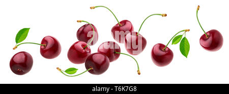 Cherry isoliert auf weißem Hintergrund mit freistellungspfad, frische Kirschen mit Stängel und Blätter Stockfoto