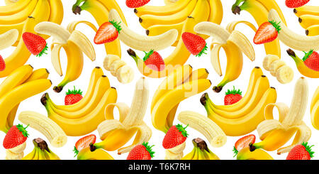 Banane und Erdbeere nahtlose Muster, fallende Bananen und Erdbeeren auf weißem Hintergrund mit Freistellungspfad isoliert Stockfoto