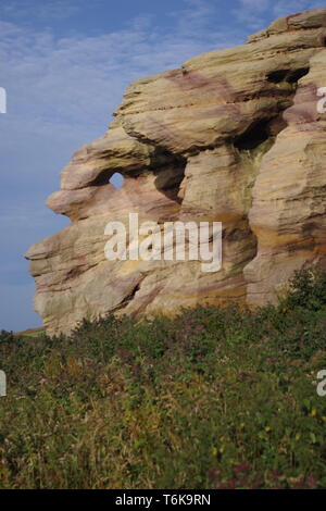 Caiplie Höhlen, Strand Meer Felsen von bunten Karbon Sandstein Geologie von Lisengang Bands und Höhlen betroffen. Anstruther, Fife, Großbritannien. Stockfoto