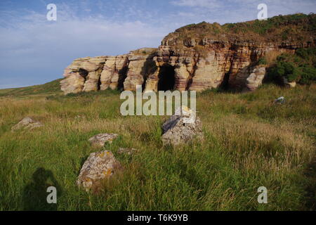 Caiplie Höhlen, Strand Meer Felsen von bunten Karbon Sandstein Geologie von Lisengang Bands und Höhlen betroffen. Anstruther, Fife, Großbritannien. Stockfoto