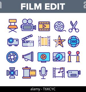 Film bearbeiten, Filmemachen Linear Vector Icons einstellen Stock Vektor