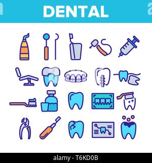 Zahnmedizinische Dienstleistungen, Stomatologie Linear Vector Icons einstellen Stock Vektor