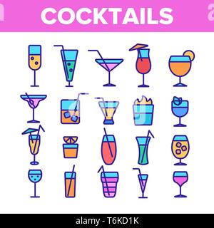 Cocktails, alkoholischen und alkoholfreien Getränken lineare Symbole gesetzt Stock Vektor