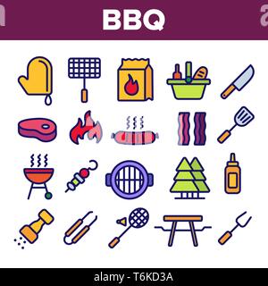 BBQ-Anlagen, Werkzeuge Linear Vector Icons einstellen Stock Vektor
