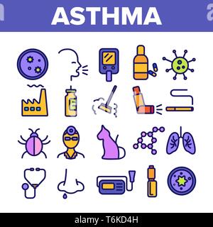 Asthma Erkrankungen Vektor dünne Linie Symbole gesetzt Stock Vektor