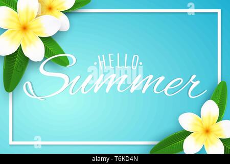 Sommer Banner. Plumeria Blumen auf einem blauen Hintergrund mit Rahmen. Realistische tropischen Blumen. Schönes Design Text. Sommer Saison Kollektion. Vektor Stock Vektor