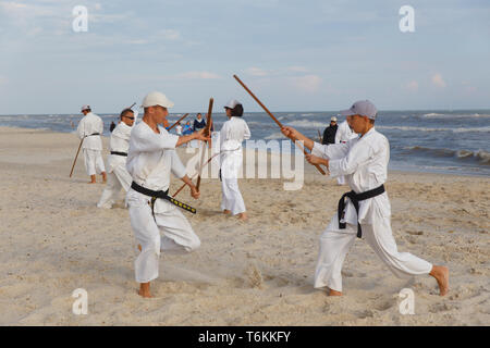 Lazurnoe, Ukraine - 29. Juli 2017: Eine Gruppe von Sportlern sind Training im Karate am Schwarzen Meer Stockfoto
