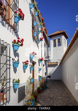 Das minarett der Mezquita Grande Moschee, gesehen von einem mit Blumen dekoriert Gasse im El Albaicin oder Albaicín Viertel von Granada, Andalusien, Spanien Stockfoto