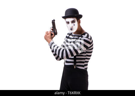 Mime mit Pistole auf weißem Hintergrund Stockfoto