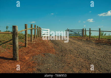 Pardinho, Brasilien - 31. Mai 2018. Holz- Hof und Vieh Guard in der Mitte von Stacheldraht zaun in der Nähe von Pardinho, einem kleinen ländlichen Dorf. Stockfoto