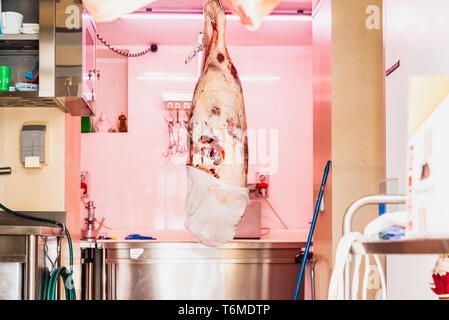 Matera, Italien - 11. März 2019: Schweinefleisch Schinken in einem Trockner aufgehängt. Stockfoto