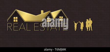 Hier ist eine Goldene geprägte Dach von einem Haus mit dem Wörter "Real Estate" unter und eine Familie von vier in der Nähe. Nützlich, die Idee der real Estat zu veranschaulichen Stockfoto