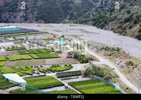 Luftaufnahme Plantagen in der Nähe von Kies Fluss Torrento Mazzarra auf Sizilien Stockfoto