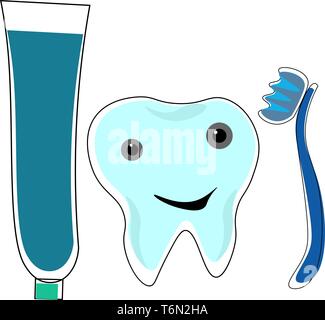 Clipart mit einem lächelnden Zahn emoji inmitten eines blauen Zahnbürste und einem blauen Zahnpasta mit einem grünen Schraubverschluß vector Farbe, Zeichnung oder Illu Stock Vektor