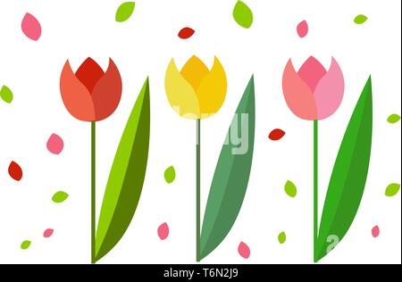 Clipart von drei schönen Tulpen in drei verschiedenen Farben Rot Gelb und Rosa jedes mit einem schlanken Stiel mit einem einzigen länglich ovale Blatt vec Stock Vektor