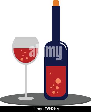 Eine blaue Flasche Wein mit gelbem Deckel halb mit Rotwein gefüllt liegt auf einem Tisch näher zu einer eleganten Party trinken Gläser, Kelche Vektor c Stock Vektor