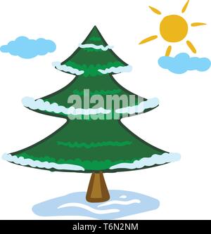 Clipart einer verbreiteten Nadelwälder grüner Baum mit einem unverwechselbaren konischen Form und hängende Kegel erreichen Sie den Himmel mit einigen Wolken und eine steigende s Stock Vektor