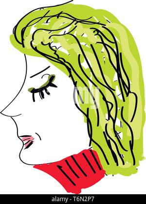 Porträt einer Frau, die in der grüne Haare rose Lippen und roten Kleid mit den Augen von der Seite vector Farbe, Zeichnung oder Abbildung geschlossen gesehen Stock Vektor