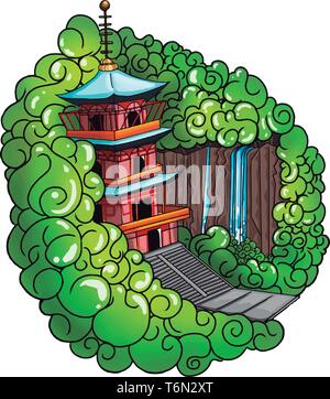 Eine Burg in einer grünen Wald mit einem Wasserfall in der Nähe von Es vektor Farbe, Zeichnung oder Abbildung Stock Vektor