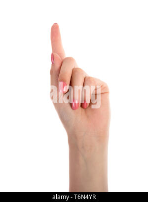 Weibliche Hand zeigt einen Finger isoliert auf weißem Hintergrund Stockfoto