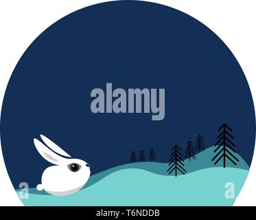 Ein weisser Hase starrt in den Himmel über einem blauen Hintergrund mit Schnee und Bäume vector Farbe, Zeichnung oder Abbildung abgedeckt Stock Vektor