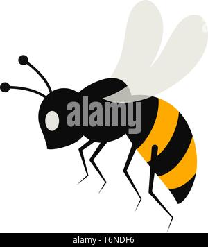 Cartoon bee mit schwarzen Längsstreifen in seinen gelben Körper ist auf dem Flug seine Blue Wings vector Farbe, Zeichnung oder Abbildung Stock Vektor