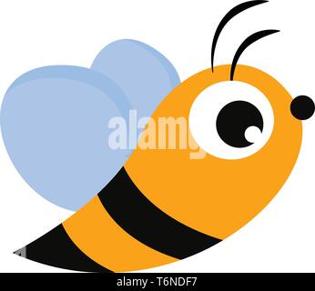 Cartoon bee mit schwarzen Längsstreifen in seinen gelben Körper ist auf dem Flug seine Blue Wings vector Farbe, Zeichnung oder Abbildung Stock Vektor