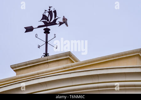Schöne Segelschiff weathervane mit einer Taube auf der Oberseite gegen Licht blauer Himmel Stockfoto