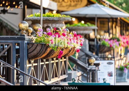 Neapel, USA - 29. April 2018: Bürgersteig Avenue in Florida downtown Strand Stadt Stadt am Abend bei Sonnenuntergang mit Sonnenlicht Garten Pflanzen durch Restaurant p Stockfoto