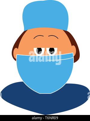 Clipart von einem Arzt in einem blauen Uniform und Mütze trägt eine Maske um den Mund und sieht verwirrt aus Vector Farbe, Zeichnung oder Abbildung Stock Vektor