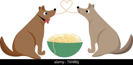 Zwei Hunde gemeinsam Spaghetti, als sie von der gleichen Riesen Schüssel Essen sind in der Liebe mit jedem anderen Vektor Farbe, Zeichnung oder Abbildung Stock Vektor