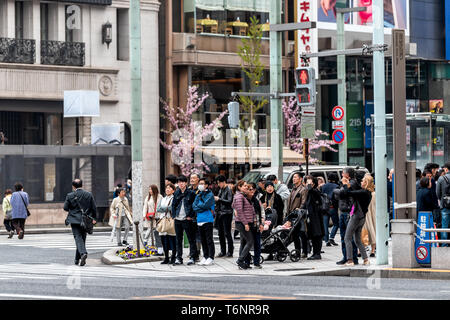 Tokyo, Japan - 31. März 2019: Ginza Stadtteil mit vielen Japanischen warten Straße stehend auf Bürgersteig zu Kreuz Stockfoto