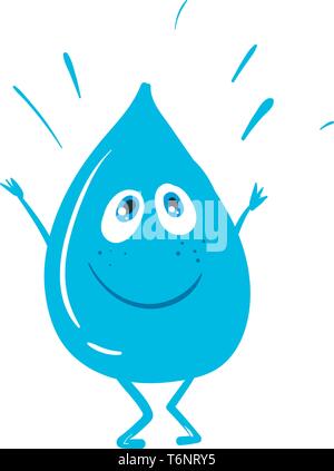 Cartoon blau gefärbten Wasser Tropfen mit einem weißen Ausrufezeichen hat zwei blaue Augen Stick - wie Hände und Füße lächelt beim Stehen vector Farbe Stock Vektor