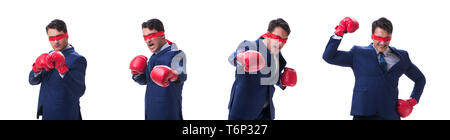 Rechtsanwalt mit Augenbinde Boxhandschuh isoliert auf weißem Stockfoto