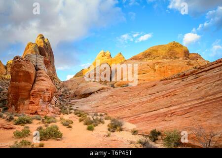 Bunt, Rot Orange Felsformationen, Sandsteinfelsen, Wanderweg, White Dome Trail, Valley of Fire State Park, Mojave Desert, Nevada, USA Stockfoto