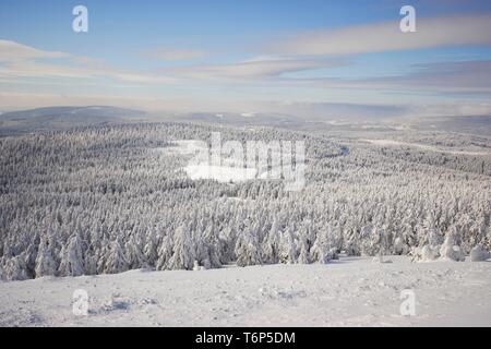 Blick vom Brocken über eine Winterlandschaft tief im Schnee, Sachsen-Anhalt, Deutschland Stockfoto