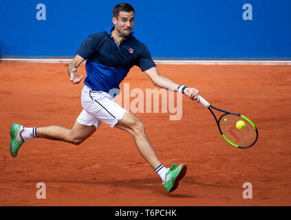 München, Deutschland. 02 Mai, 2019. Tennis ATP: - Tour - München, singles, Männer, 2. Runde: Pella (Argentinien) - Daniel (Japan). Guido Pella in Aktion. Credit: Sven Hoppe/dpa/Alamy leben Nachrichten Stockfoto