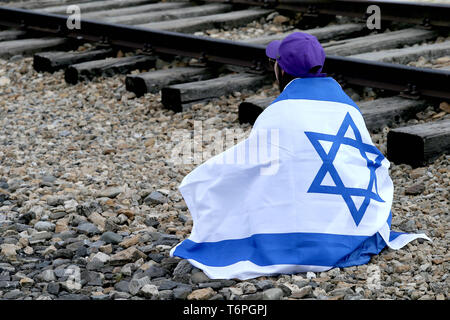 Oswiecim, Polen. Zum 2. Mai, 2019. Israel Flaggen während der Marsch der Lebenden gesehen. Die jährlichen März ist Teil des pädagogischen Programms. Jüdische Studenten aus aller Welt nach Polen kommen und studieren Sie die Überreste des Holocaust. Teilnehmer März in Stille, drei Kilometer von Auschwitz I, Auschwitz II Birkenau, dem größten NS-Komplexes von Konzentrationslagern während des Zweiten Weltkrieges II. erbaut. Credit: Damian Klamka/ZUMA Draht/Alamy leben Nachrichten Stockfoto