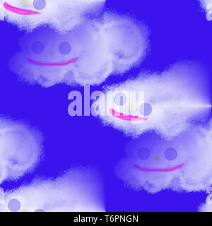 Schöne Tapete mit niedlichen Wolken mit Lächeln und Augen. Design für Textilien, Tapeten, Textilien. Stockfoto