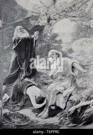 Parsifal und Gurnemanz, Kundry, Szene aus einer Oper von deutschen Komponisten Richard Wagner, 1890, historische Darstellung, Deutschland Stockfoto