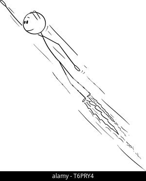 Cartoon Strichmännchen Zeichnen konzeptionelle Darstellung der Mann oder Geschäftsmann fliegen in Superhelden pose mit der Hand vorwärts mit Flammen aus seinen Füßen. Stock Vektor