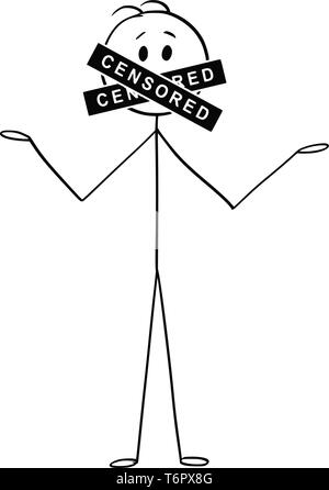 Cartoon Strichmännchen Zeichnen konzeptionelle Darstellung der sprechenden Mann mit zensiert Bar oder Zeichen für seinen Mund. Konzept der Meinungsfreiheit und Zensur. Stock Vektor