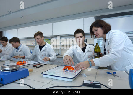 An einer Schule Chemie Labor. Weibliche Lehrer, der Lehre der Chemie für Schüler tragen Laborkittel. Kiew, Ukraine. November 28, 2018 Stockfoto